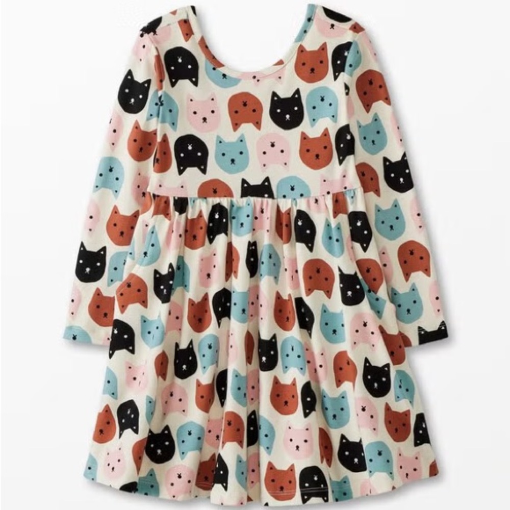 Hanna Andersson UEC Cream Dress with Black, Rust, Pink & Teal Cat Faces